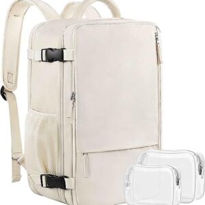 Travel Backpack for Women, Expandable 40L Carry on Flight Approved Backpack, 17 Inch Laptop Waterproof Travel Bag for College, Travel, Work, Beige