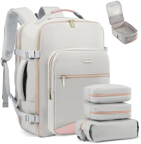 LOVEVOOK Carry on Travel Backpack, 40L Waterproof Large 17inch Laptop Luggage Daypack as Personal Item Flight Approved, Business Weekender Overnight with 3 Packing Cubes, Light gray-Pink - Image 11