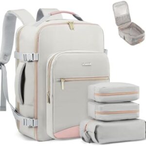 LOVEVOOK Carry on Travel Backpack, 40L Waterproof Large 17inch Laptop Luggage Daypack as Personal Item Flight Approved, Business Weekender Overnight with 3 Packing Cubes, Light gray-Pink