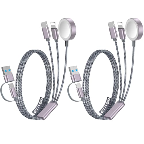 2Pack Multi Fast Charging Cable for Apple Watch Charger,iPhone Charger,[3-in-2 Travel Essentials] USB A/Type C/Lightning Cable for iWatch Ultra/SE/10-2,iPhone 16-11,Galaxy S25-21,Airpods,iPad-4FT