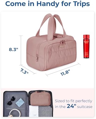 BAGSMART Travel Toiletry Bag, Lightweight Large Wide-open Travel Bag for Women, Puffy Cosmetic Makeup Bag Organizer with Handle for Accessories,Essentials, Toiletries, Dark Pink - Image 6
