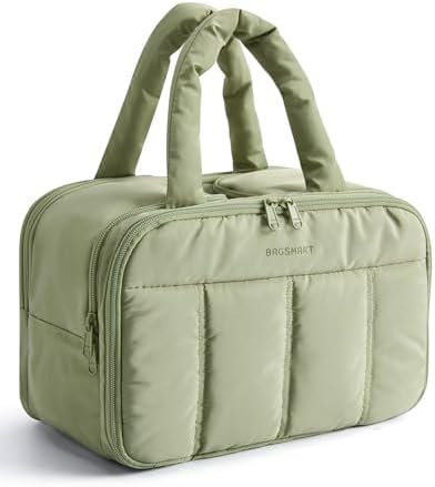 BAGSMART Travel Toiletry Bag, Puffy Large Toiletry Bag for Women, Lightweight Cosmetic Makeup Bag Organizer with Handle for Traveling, Accessories, Essentials, Toiletries (Green)