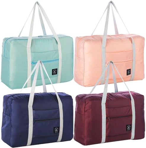 4PCS Foldable Travel Duffel Bag Tote Carry on Luggage Bag Spirit Airlines Personal item Sports Gym Bag Water Resistant Weekender Overnight Bags for Women and Men (Mix Colors)