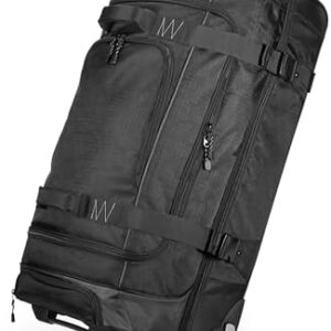 Amazon Basics 35-Inch Large Rolling Duffle Bag with Wheels and Handle, Travel Duffle Bag with Durable Ripstop Polyester Material, 2 Layers of Space, Multiple Interior and Exterior Pockets, Black