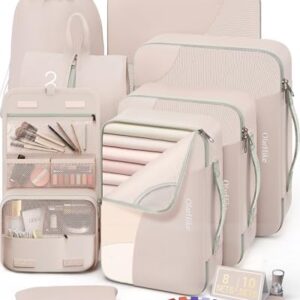 10 Set/8 Set Packing Cubes for Travel, Gifts for Women Mom,Anti-Tearing Suitcase Organizer for Luggage with Shoe & Hanging Toiletry Bag,OlarHike Vacation Essentials & Accessories for Cruise Ship,Cream