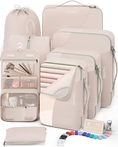 10 Set/8 Set Packing Cubes for Travel, Gifts for Women Mom,Anti-Tearing Suitcase Organizer for Luggage with Shoe & Hanging Toiletry Bag,OlarHike Vacation Essentials & Accessories for Cruise Ship,Cream