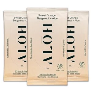 ALŌH Sweet Orange Bergamot + Aloe Sanitizing Hand Wipes - Clean Hands, Clear Mind - On The Go Hand Sanitizing Wipes for Kids and Adults - Travel Size 3 Pack 20ct Wipes (60 wipes)