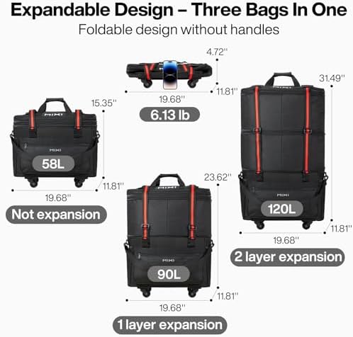 mixi Travel Bag with Wheels Expandable Foldable Luggage Bag Collapsible Rolling Travel Bag Duffel Bag Large Capacity Suitcase for Men Women, Black - Image 2