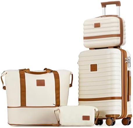 Joyway Carry On Luggage 20 Inch Expandable Suitcase with Spinner Wheel, 4 Piece Hard Shell Luggage Set with TSA Lock(White brown)