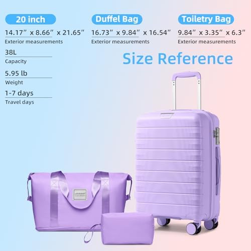 LARVENDER Luggage Sets 3 Piece with Duffel Bag Hardside PP Carry On Suitcase with 360° Spinner Wheels TSA Lock Luggage Sets for Women, Lavender - Image 5