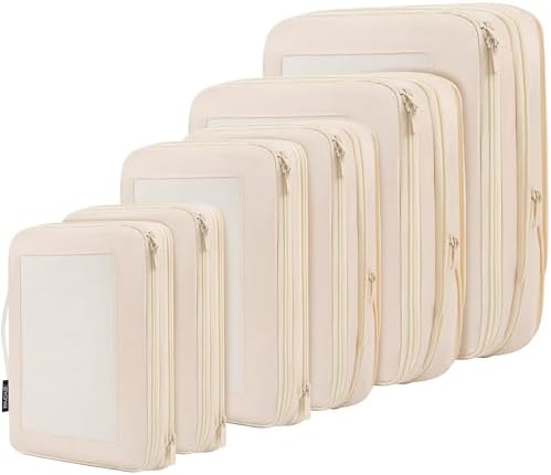 BAGAIL 4 Set/6 Set/8 Set Compression Packing Cubes Travel Accessories Expandable Packing Organizers (Square Mesh, 06-Beige)