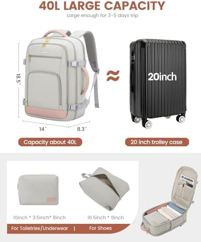 LOVEVOOK Travel Backpack For Women, 40L Carry On Backpack Flight Approved, TSA Personal Item Travel Bag Fits 17 Inch Laptop, Business Weekender Overnight Waterproof Daypack With 2 Cubes, Grey-Pink - Image 4