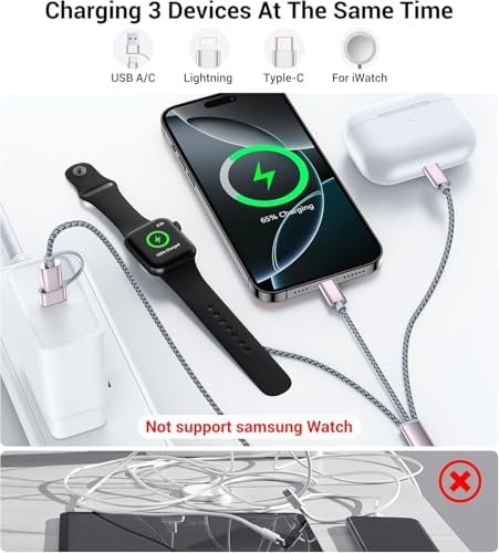 Temdan for Apple Watch Charger,3 in 2 USB C Cable for iPhone 16 Charger/Type C/Lightning,Multi Charging Cable Cord,Portable Travel Essentials Designed for iWatch Ultra/SE/10-1&iPhone 16-12-4FT - Image 4