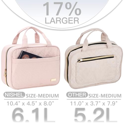 NISHEL Travel Toiletry Bag for women, Portable Hanging Organizer for Travel-Sized Shampoo, Conditioner, Brushes Set, makeup Accessories, Medium Size, Pink - Image 3