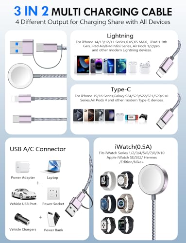2Pack Multi Fast Charging Cable for Apple Watch Charger,iPhone Charger,[3-in-2 Travel Essentials] USB A/Type C/Lightning Cable for iWatch Ultra/SE/10-2,iPhone 16-11,Galaxy S25-21,Airpods,iPad-4FT - Image 2