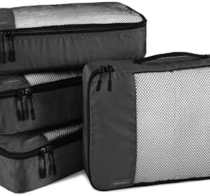 Amazon Basics Lightweight Packing Cubes Travel Organizer Set with Double Zipper, Mesh Top, Durable Polyester, Medium, 4 Piece, Black