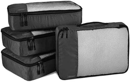 Amazon Basics Lightweight Packing Cubes Travel Organizer Set with Double Zipper, Mesh Top, Durable Polyester, Medium, 4 Piece, Black