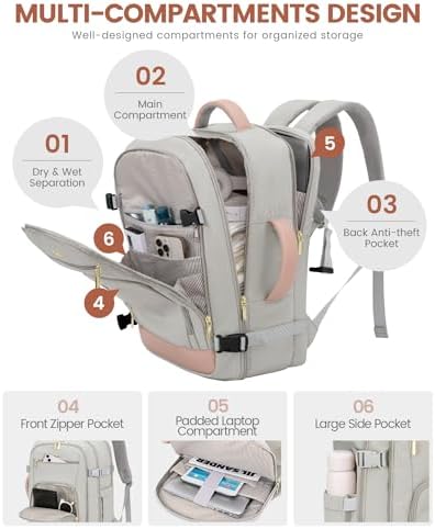 LOVEVOOK Travel Backpack For Women, 40L Carry On Backpack Flight Approved, TSA Personal Item Travel Bag Fits 17 Inch Laptop, Business Weekender Overnight Waterproof Daypack With 2 Cubes, Grey-Pink - Image 5