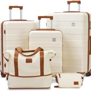 imiomo Hard Shell Luggage Sets 5 Piece for Women, Lightweight Hardside Rolling Suitcase Set with Spinner Wheels and TSA Lock, Beige