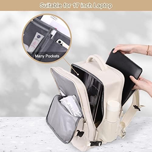 Travel Backpack for Women, Expandable 40L Carry on Flight Approved Backpack, 17 Inch Laptop Waterproof Travel Bag for College, Travel, Work, Beige - Image 5