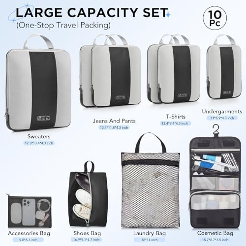 10 Set Compression Packing Cubes for Travel Essentials,Compressible Expandable Packing Cubes for Suitcase,OlarHike Luggage Organizer Bags for Travel,Handy Helper for Organizing Clothes(Black) - Image 2