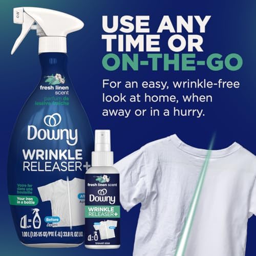 Downy Wrinkle Releaser Spray All In One Wrinkle Release Spray Travel Size, Odor Eliminator, Static Remover Fabric Refresher & Ironing Aid for Clothes 3 Fl Oz (Pack of 2), Crisp Linen Scent - Image 5