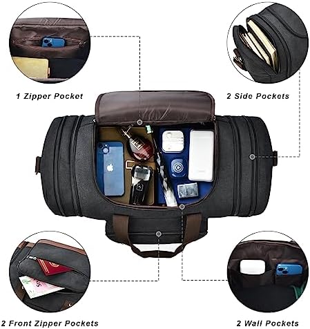 Litvyak Duffle Bag for Travel, 50L Canvas Travel Duffel Bags Overnight Weekend Gym Carry On Luggage Bag for Men & Women(Black) - Image 6
