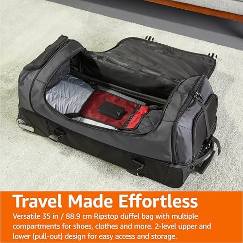 Amazon Basics 35-Inch Large Rolling Duffle Bag with Wheels and Handle, Travel Duffle Bag with Durable Ripstop Polyester Material, 2 Layers of Space, Multiple Interior and Exterior Pockets, Black - Image 6