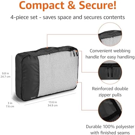 Amazon Basics Lightweight Packing Cubes Travel Organizer Set with Double Zipper, Mesh Top, Durable Polyester, Medium, 4 Piece, Black - Image 3